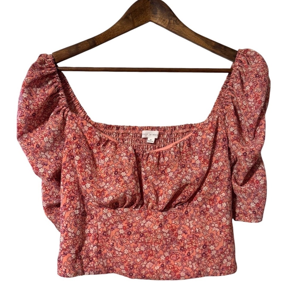 Coco Jaimeson Puff Sleeve Top Womens Medium Pink Floral Excellent Smocked CW3733